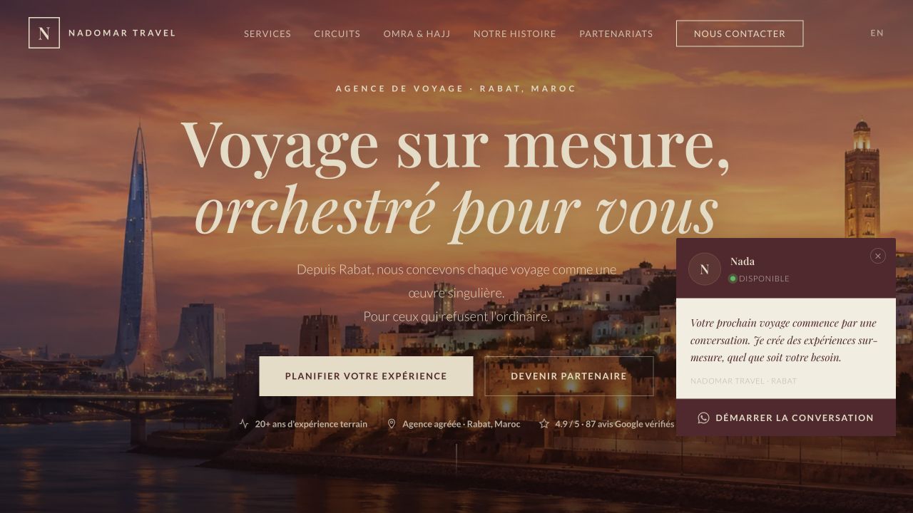 Page d’accueil Nadomar Travel conçue par Nada