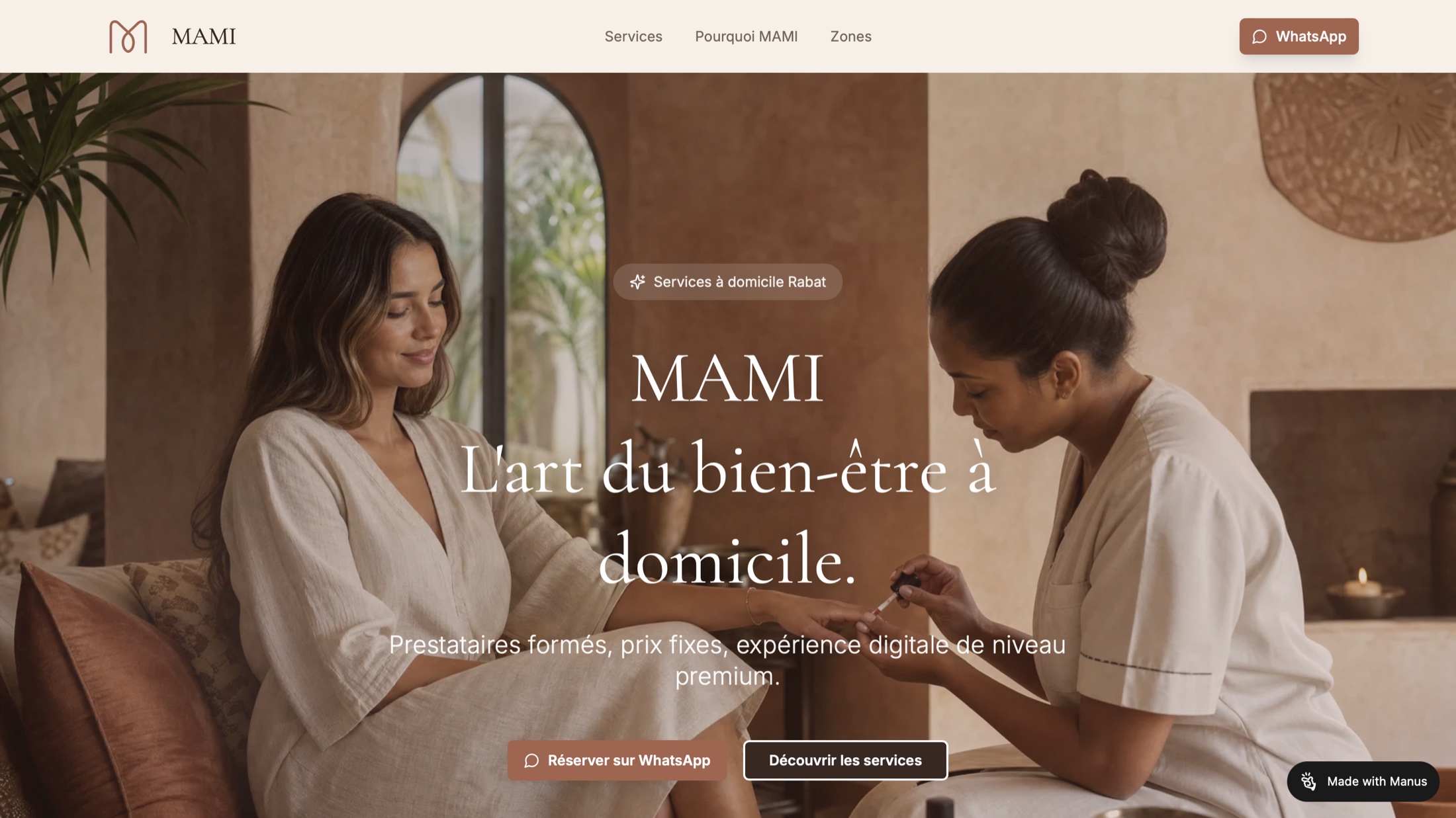 Page d’accueil du site MAMI avec réservation WhatsApp